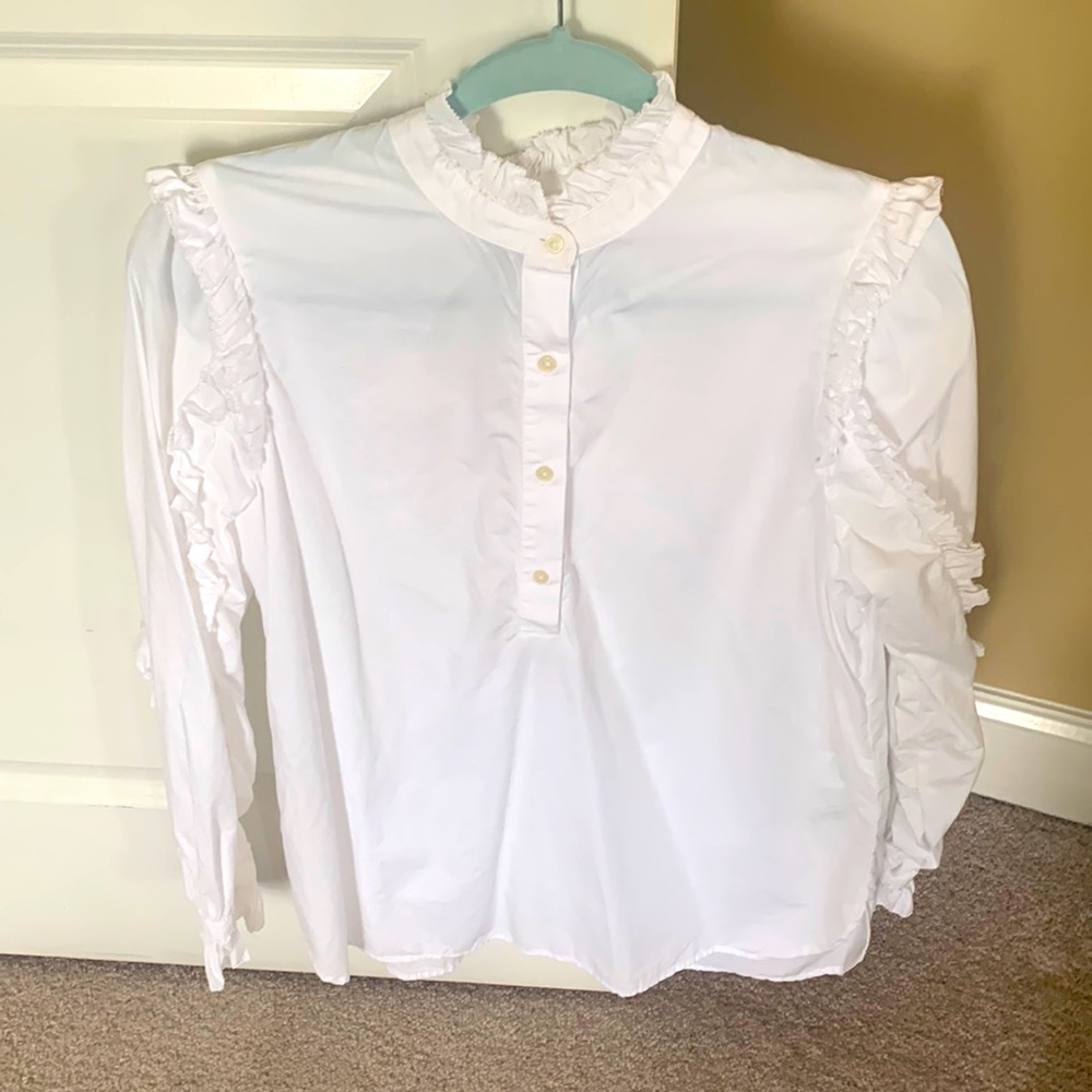 J. Crew Womens White Ruffled Tunic Long Sleeve Blouse, M, Like-New